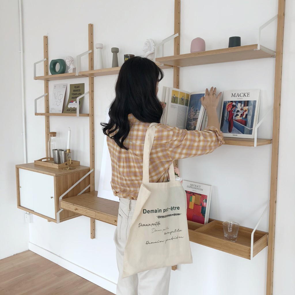 Túi Vải Vinatge Mỏng Kem Nâu Chữ Pháp Phong Cách Hàn Quốc