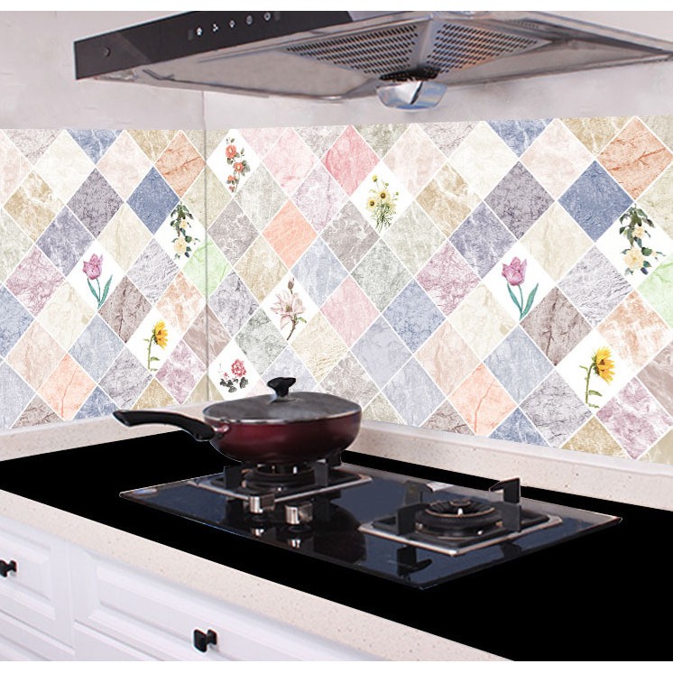 Decal dán bếp tráng nhôm cách nhiệt ô hoa xinh khổ 60cm keo sẵn bóc dán