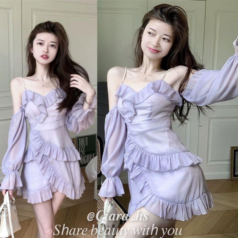 (K9) Váy đầm Tiểu thư sang chảnh trễ vai dây ngọc chất voan nhũ dáng suông loại đẹp.