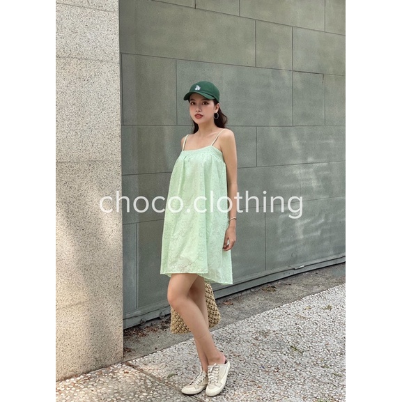 Đầm 2 dây - váy 2 dây nơ lưng dáng xoè đi biển hoạ tiết hoa chìm cao cấp