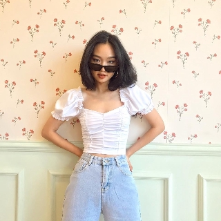 Croptop trắng chun nhún ngực💖 Áo kiểu nữ dáng ngắn cổ vuông tay bồng A1935