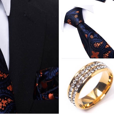 Bộ Cà vạt 4 món gồm Cavat 8cm, khăn cài túi, Măng-set, Nhẫn tròn phụ kiện sang trọng, Cravat chú rể, Calavat công sở