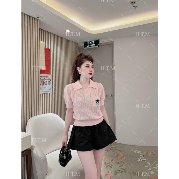 Áo Len Polo Đan Lỗ Túi Ngực thêu hoa Basic mặc được bốn mùa