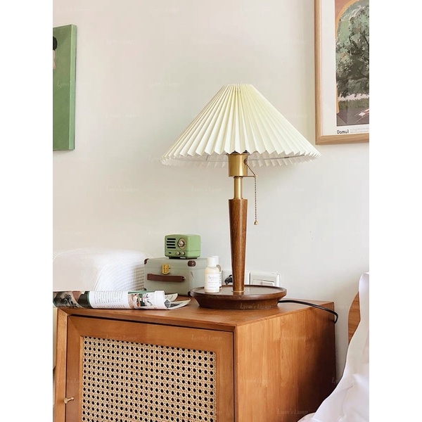 Đèn ngủ xếp ly đế gỗ, cán đồng cao cấp phong cách Bắc Âu
