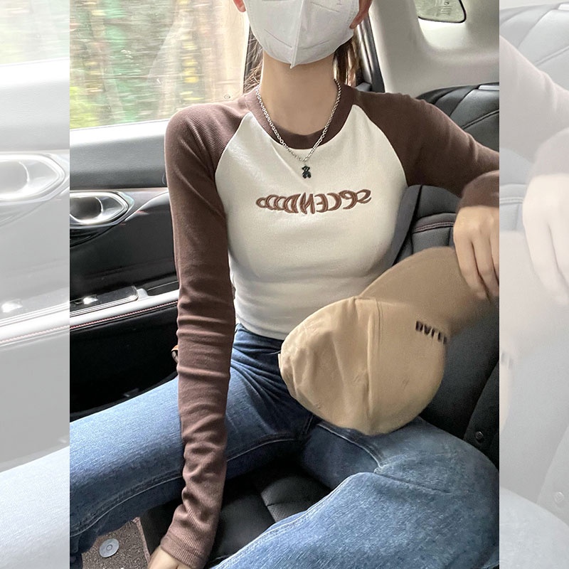 Áo Thun Dài Tay Ôm Dáng Màu Sắc Tương Phản Thời Trang Dành Cho Nữ