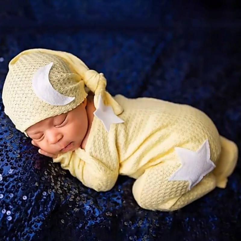 Set 2 Món Áo Liền Quần Đan Len + Mũ Thắt Nút Đuôi Dài + Băng Đô Làm Đạo Cụ Chụp
