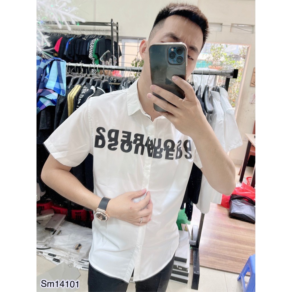 Áo sơ mi nam lụa hàn cao cấp vải đẹp chất lượng phối DSQ xanh đen chất lượng như hình