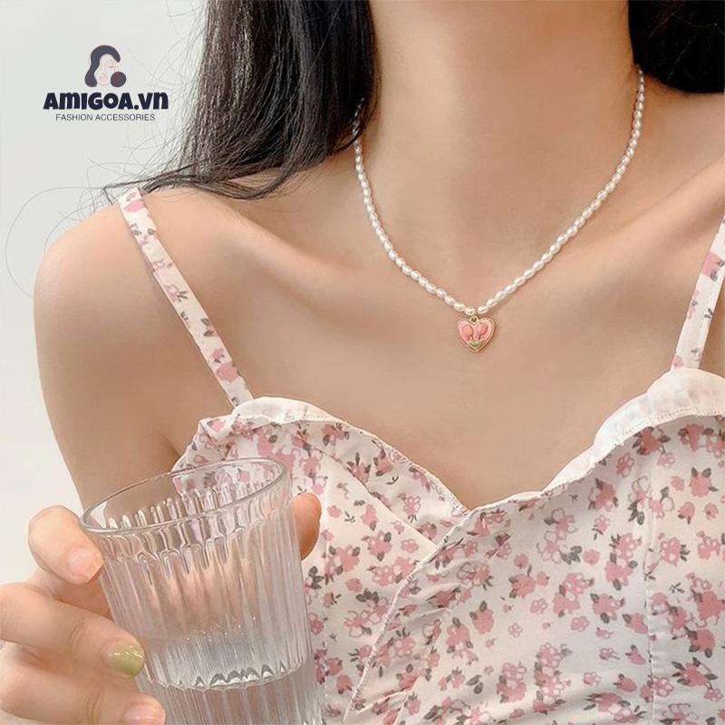 ✨✨Vòng cổ Mặt Hoa Tulip Hồng Đính Ngọc Trai Thanh Lịch