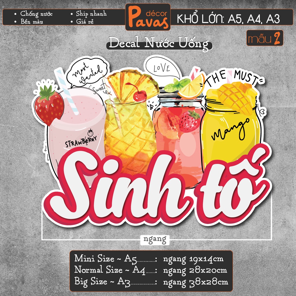 Decal Milo Dằm, Sinh Tố, Soda, Oreo Đá Xay chống nước trang trí dán quán trà sữa, cà phê, quán ăn, dán tường, tủ. TTQ03