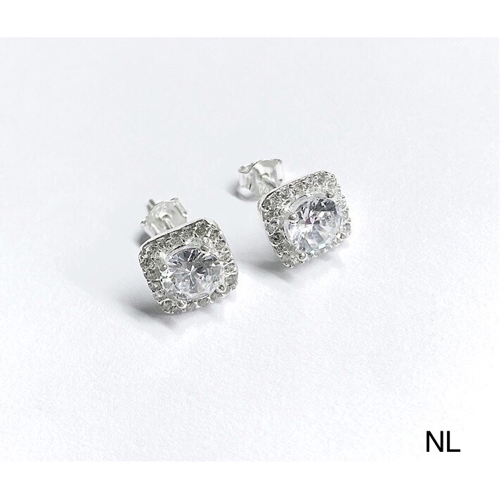 Bông tai nữ bạc thật nụ vuông đính đá sáng đẹp - Kho sỉ bạc Nhất Linh