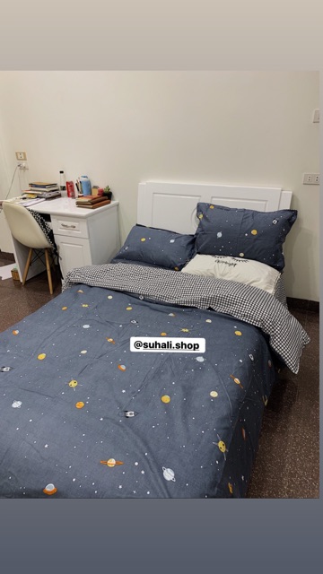 Bộ chăn ga giường cotton poly vũ trụ Suhali Shop, vỏ chăn mền, drap nệm và 2 vỏ gối