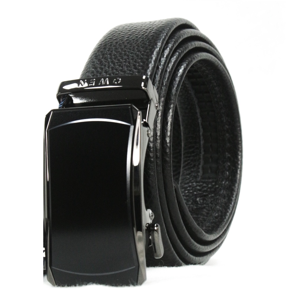 Thắt lưng da bò nam cao cấp OWEN BELT220595 dây nịt da thật màu đen mặt hợp kim đúc nguyên khối khóa trượt tự động