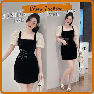 Váy nhung/ đầm nhung cổ vuông tay ren hoa nổi có lót quần clara siêu xinh