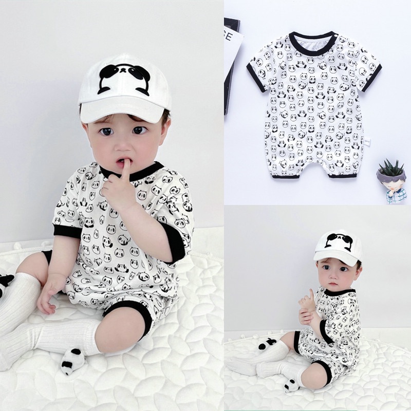 Áo Liền Quần Ngắn Tay In Hình Gấu Trúc Toàn Bộ Cho Bé