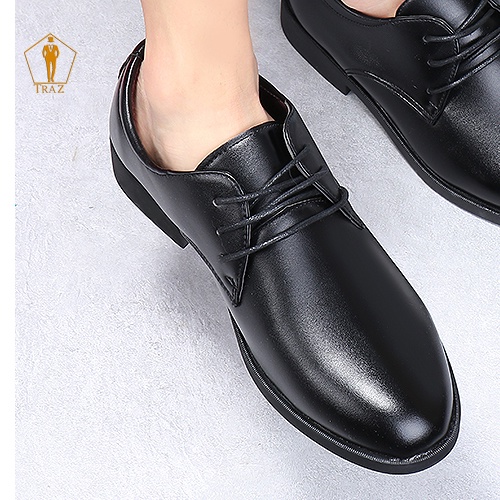 Giày Âu Tây Nam Tăng Chiều Cao 3 4CM Dây Buộc Dành Cho Dân Công Sở, Chú Rể Màu Đen Da Bò Nhập Khẩu