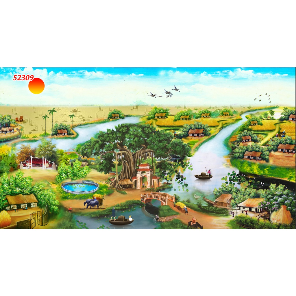 Tranh Dán Tường 3D Đồng Quê Non Xanh Nước Biếc 3D