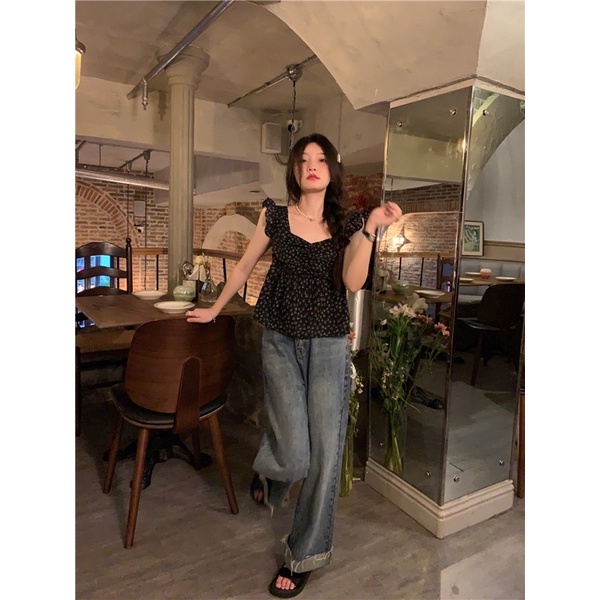 Áo babydoll hai dây đen hoạ tiết trái tim dễ thương Daliah Top Yannie