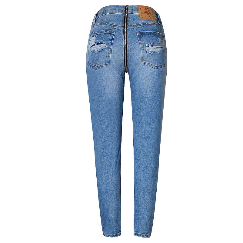 Personality Back Zipper Jeans For Women Plus Size High Waist Slim Jeans With Rips In Th Butt Pencil Denim Pants