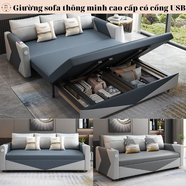 Giường sofa đa năng gấp gọn thành ghế, sofa giường cao cấp có cổng sạc USB có ngăn chứa đồ