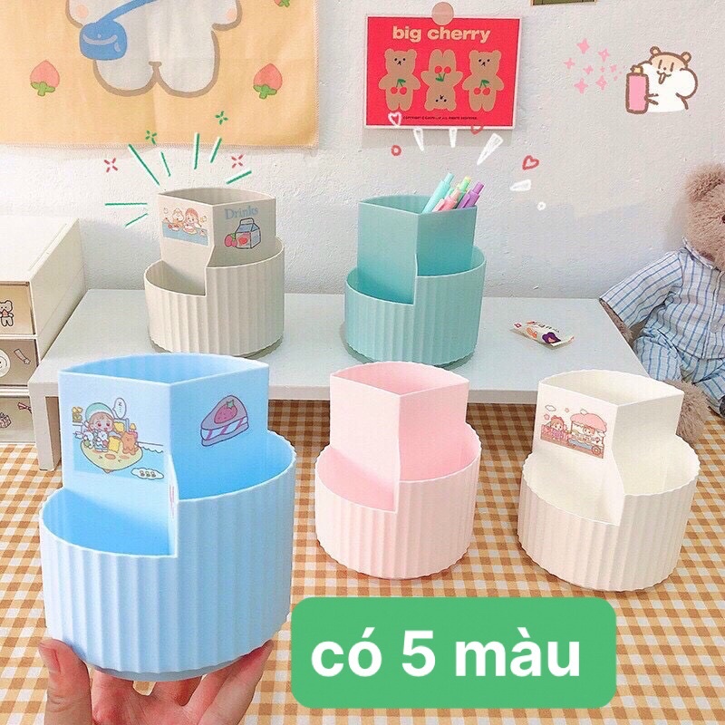 Ống cắm bút 3 ngăn xoay 360 độ dán sẵn stcker cute