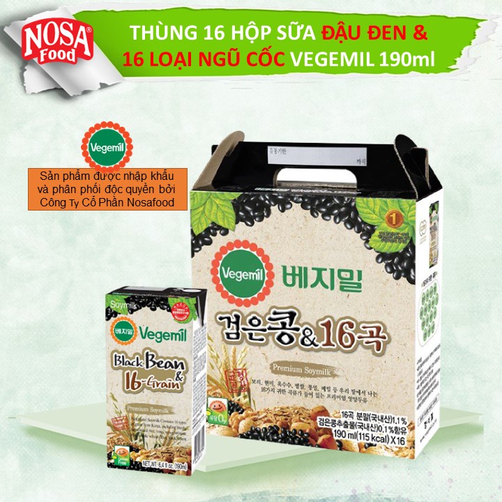 Thùng Sữa Hạt Vegemil Đậu Đen &amp; 16 Loại Ngũ Cốc 190ml (16 hộp/thùng)