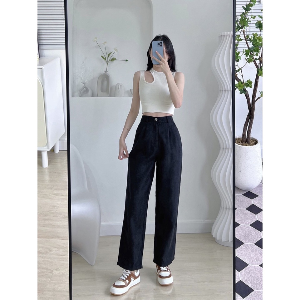 Quần nhung dài ống suông, chất nhung tăm siêu mịn màu Đen