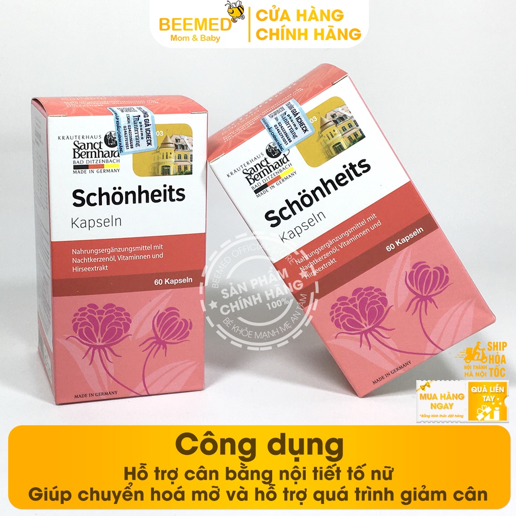Tinh dầu hoa anh thảo Schonheits Kapseln Hộp 60v nhập khẩu từ Đức, bổ sung nội tiết tố nữ, tăng cường sinh lý