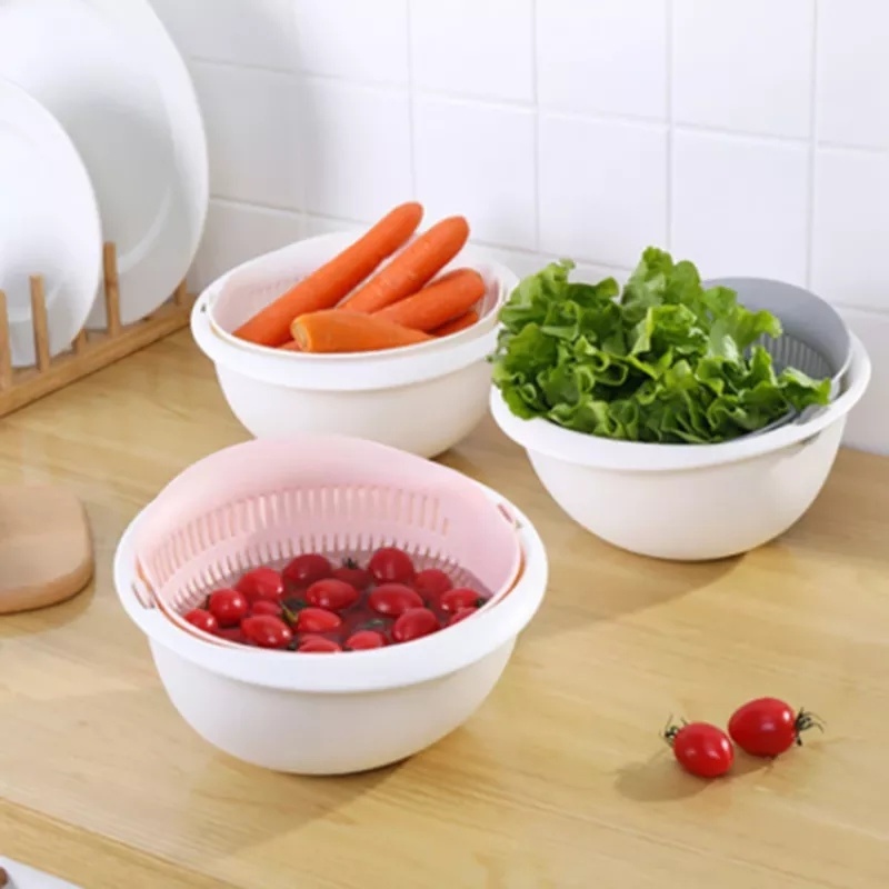 Rổ Rửa Rau Củ Hai Lớp Xoay Được Tiện Lợi Dành Cho Nhà Bếp