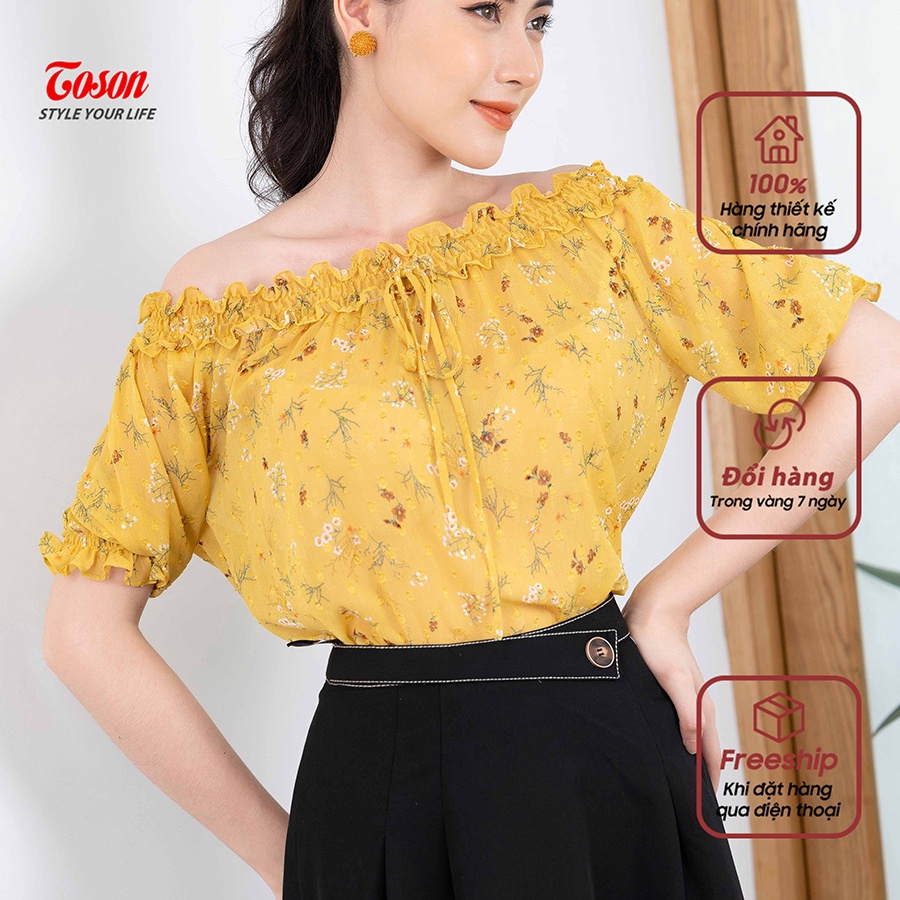 Áo sơ mi chiffon vàng in hoa nhí, vai trễ bo chun - 14087V51- TOSON