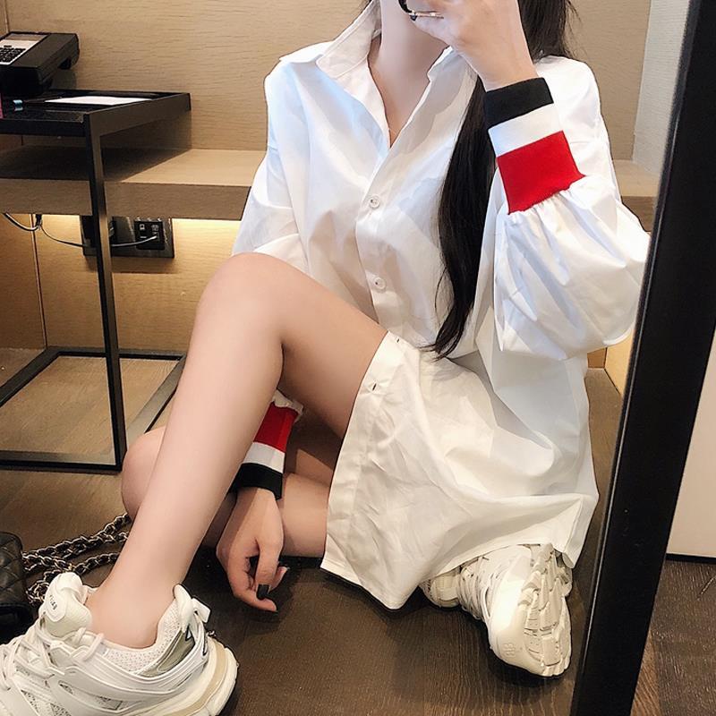 Áo sơ mi cotton dáng dài kẻ sọc phong cách hàn quốc thời trang xuân thu dành cho nữ 2021