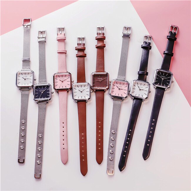 Đồng Hồ Nữ Dây Da Ulzzang Mặt Vuông Phong Cách Hàn Quốc - Hazo