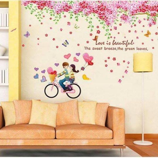 Decal dán tường hoa anh đào kết hợp xe đạp đôi