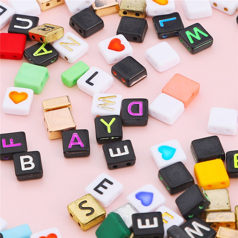 50-100 Hạt xỏ lỗ đôi bằng nhựa acrylic hình vuông in chữ làm trang sức thủ công