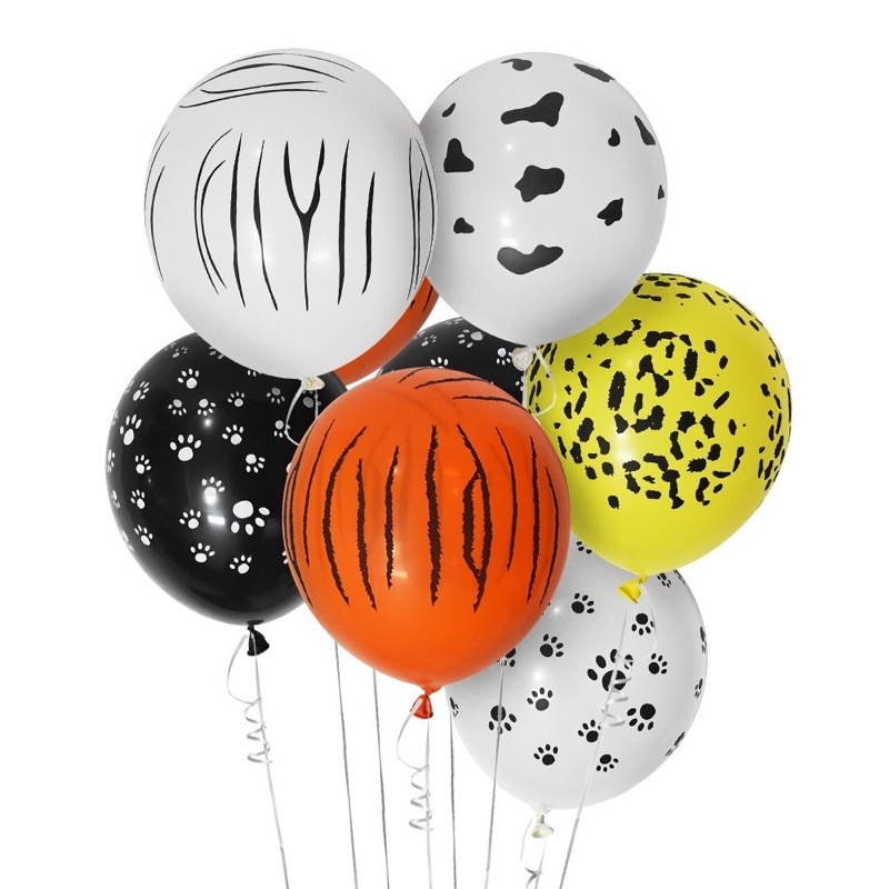 Set 10 bóng họa tiết da báo, hổ vằn, chó đốm, bò sữa, ngựa vằn trang trí sinh nhật chủ đề rừng xanh, động vật