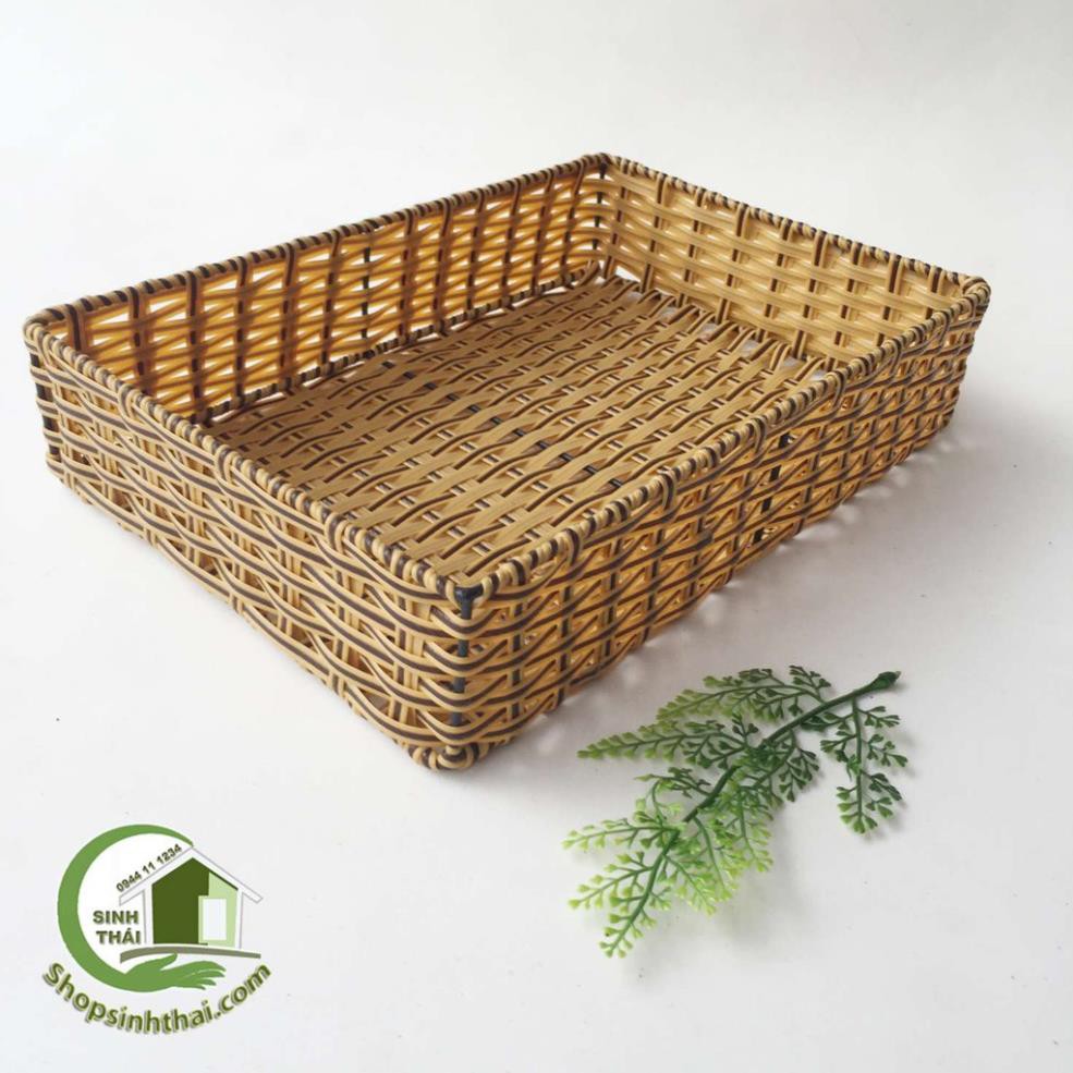 Rổ nhựa mây đan - khay nhựa giả mây hình chữ nhật - rổ lớn 30x20x6cm