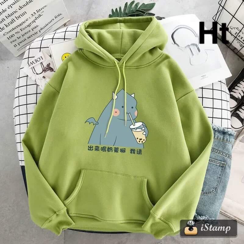 Áo hoodie khủng long hút trà sữa H26