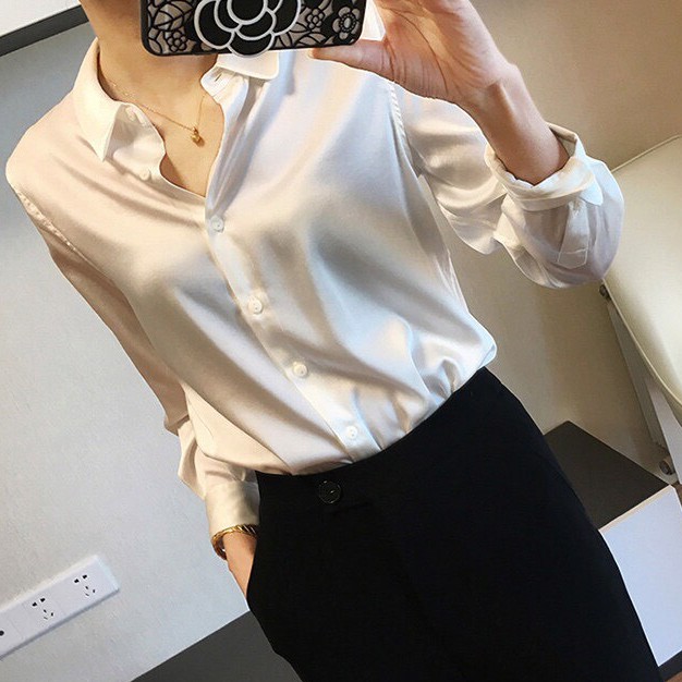 Sơ mi lụa nữ, tay dài, cổ đức, màu trắng, đen, kiểu hàn quốc, đi làm công sở MESDIARY | BigBuy360 - bigbuy360.vn