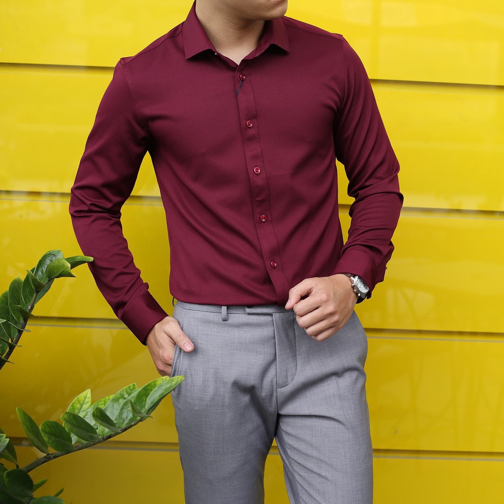 [Giá sốc] Sơ mi nam màu đổ booc đô slimfit dài tay dáng vừa hot nhất sàn