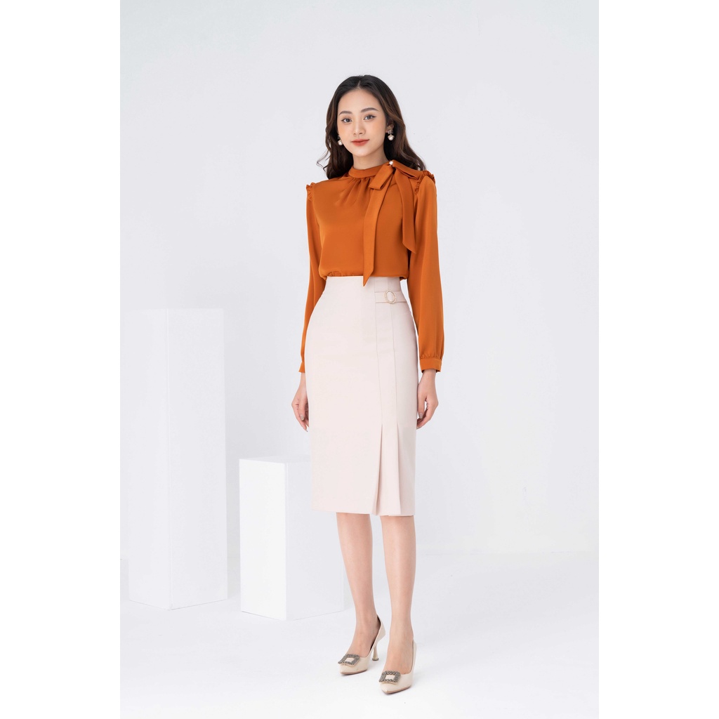 Áo sơ mi lụa cổ tàu phối nơ lệch Lamia Design SM048 SM046
