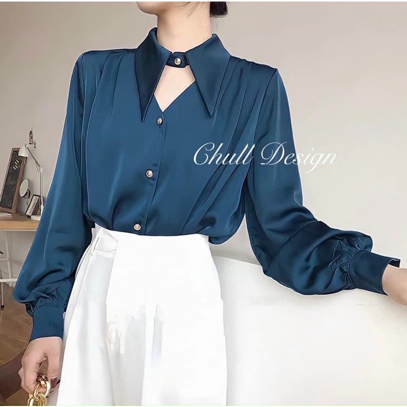 Áo sơ mi lụa công sở cổ nhọn khoét ngực cao cấp