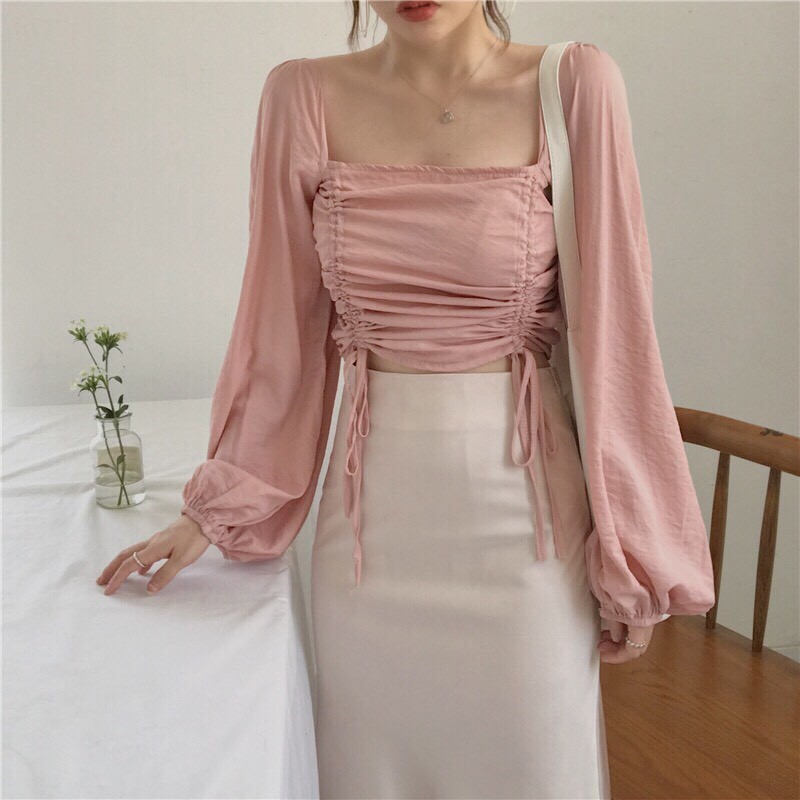 Áo kiểu voan cổ vuông rút dây hai bên GB30082