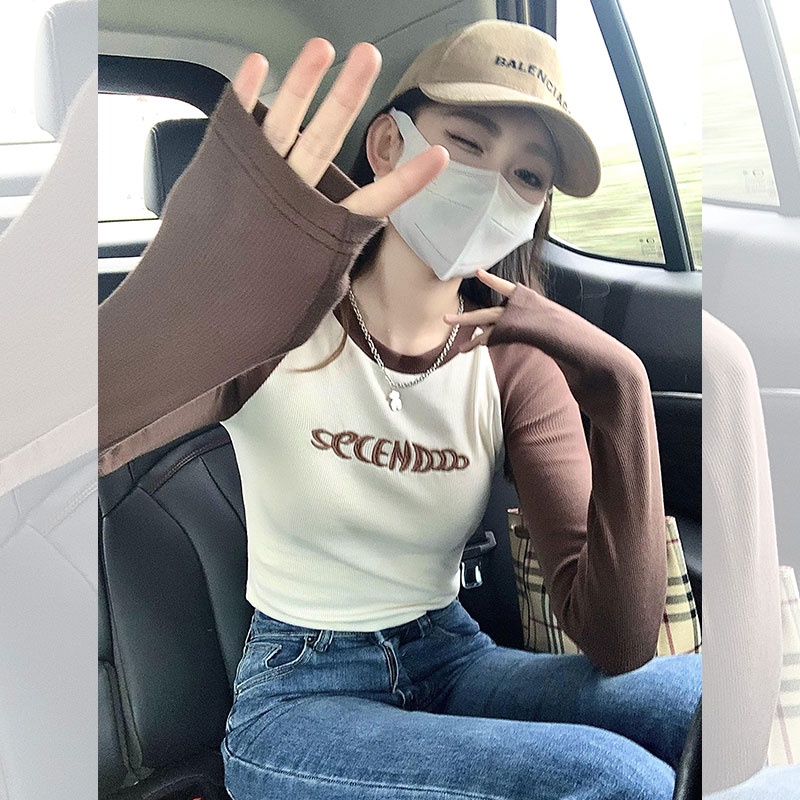 Áo Thun Dài Tay Ôm Dáng Màu Sắc Tương Phản Thời Trang Dành Cho Nữ