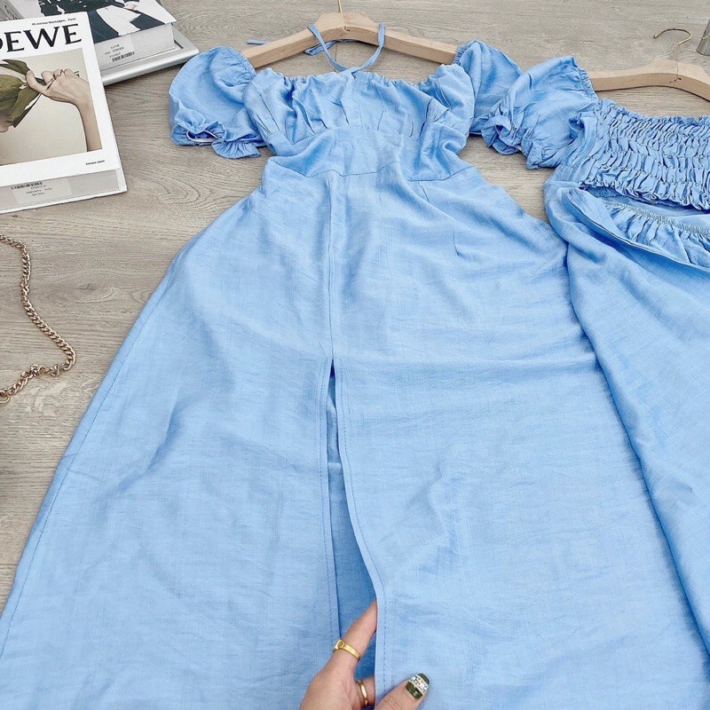 Váy đầm nữ  dáng maxi đũi xước xanh dương xẻ tà chun lưng đi biển freesize nhún ngực iêu dễ thương