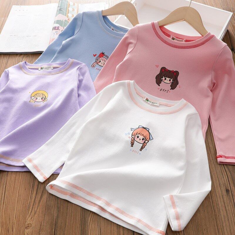 Áo Thun Tay Dài Bằng Cotton In Họa Tiết Hoạt Hình Thời Trang Xuân Thu Cho Bé Gái 3-9 Tuổi