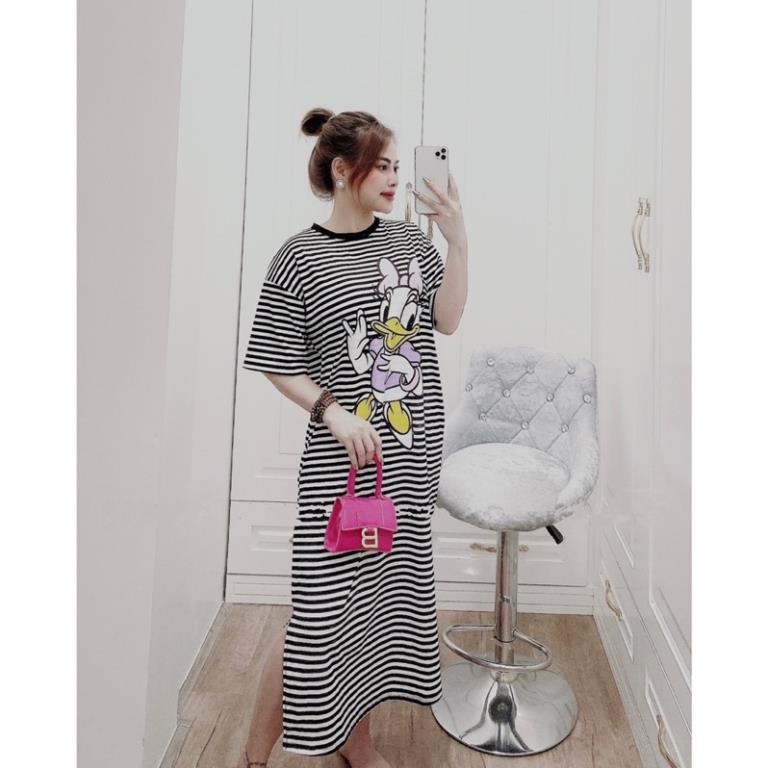 Váy Thun Kẻ In Hình Phom Rộng Dáng Dài Bầu Bí Mặc Thoái Mái