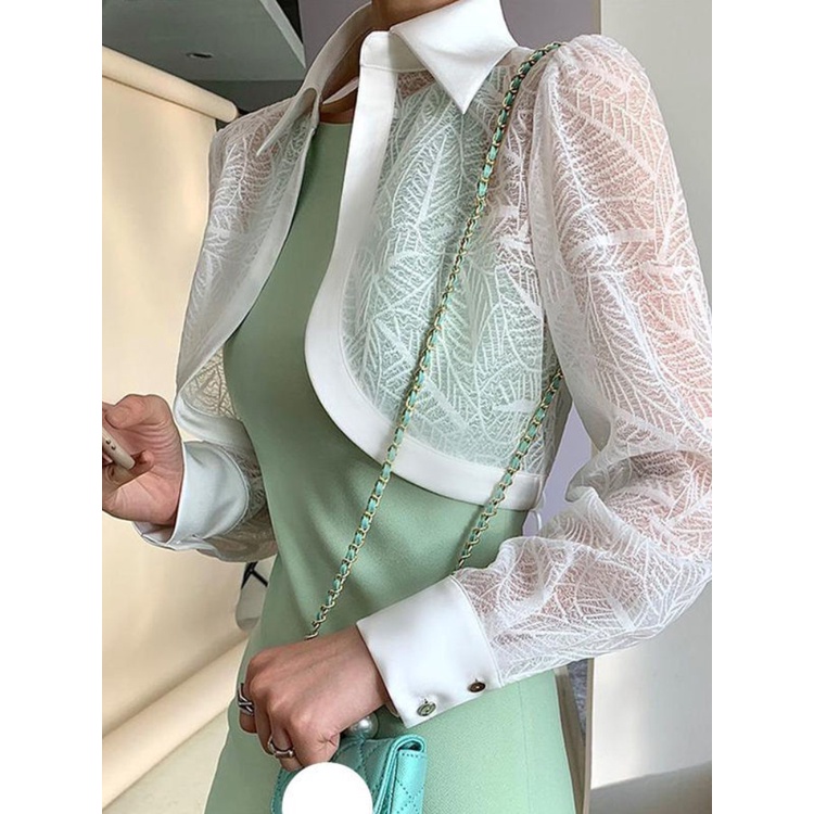 Women Lace Blouse Elegant Sexy Crop Cardigan Blouses Long Sleeve Shirt Black Korean Fashion Tops