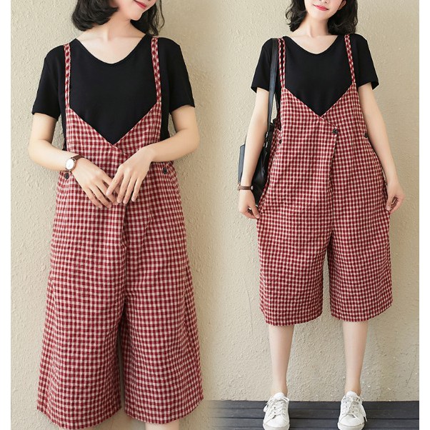 G1021 Quần yếm big size freesize họa tiết kẻ caro nhỏ dây bản nhỏ thiết kế trẻ trung | BigBuy360 - bigbuy360.vn