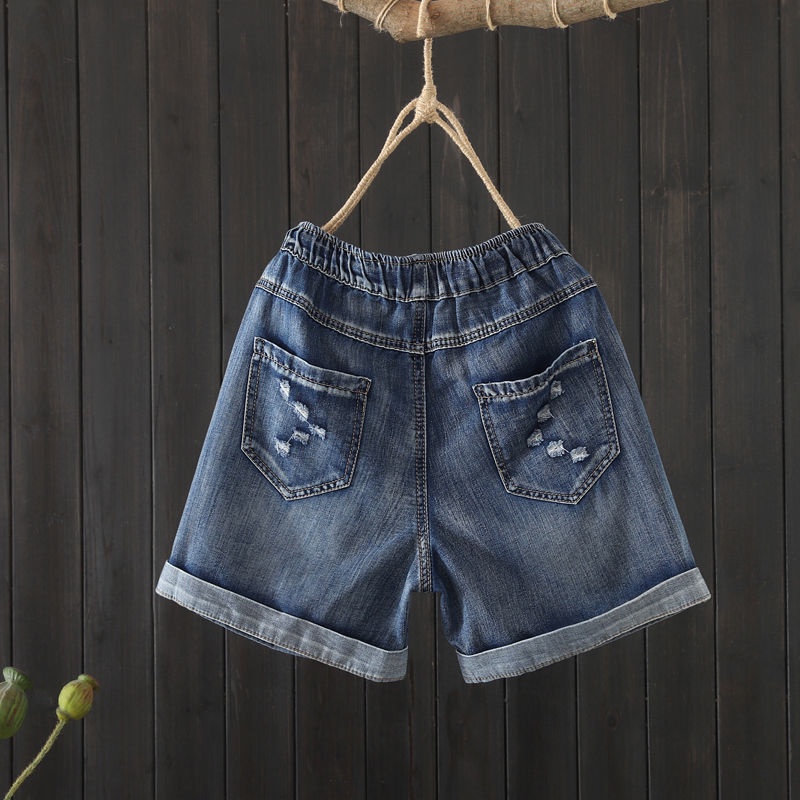 Quần short denim lưng cao dáng rộng thêu họa tiết mẫu mới thời trang mùa hè dành cho nữ 2021