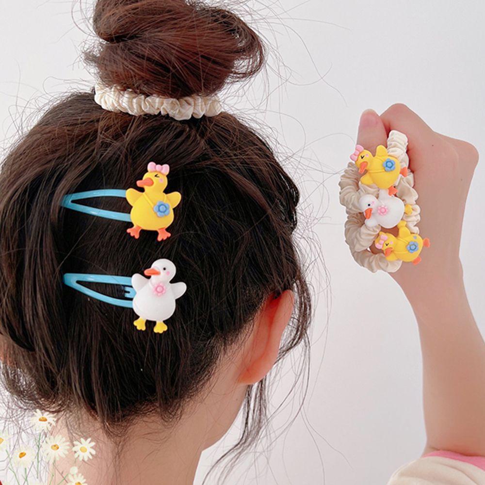 Dây Buộc Tóc Vải Satin Màu Trơn In Hình Chú Vịt Dễ Thương Phong Cách Hàn Quốc