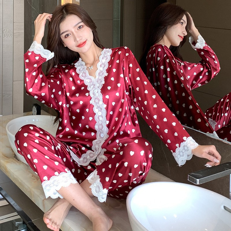 Pijama- Bộ Ngủ Lụa Áo Quần Dài Màu Đỏ Phối Ren Cổ Chữ V kèm ảnh thật DDLP04